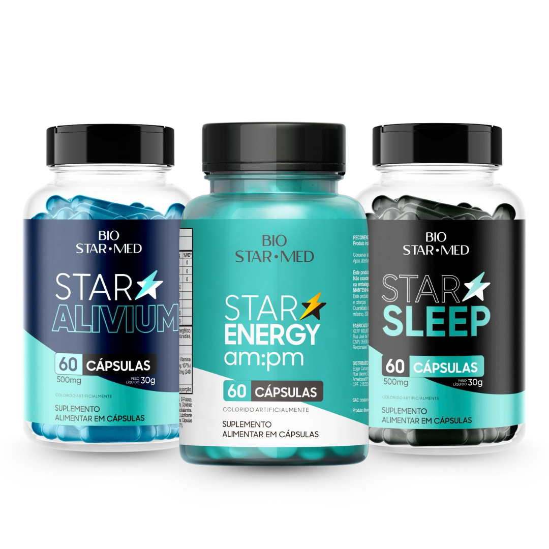 Kit Bio Star Plus — Energia + Descanso + Articulações | 180 cápsulas (3 potes)